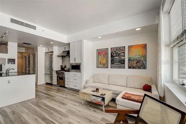 living room featuring light wood-type flooring and sink