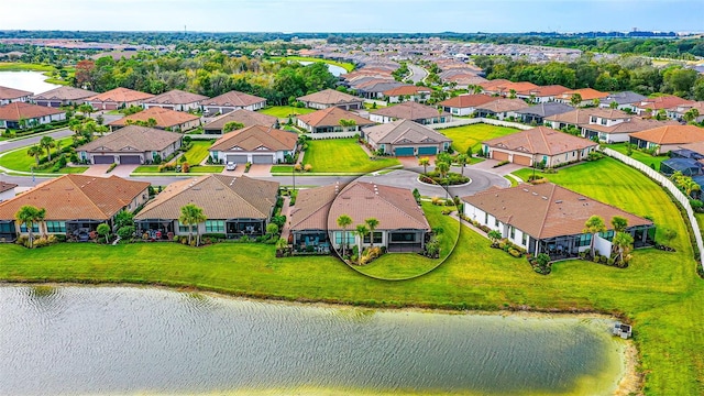 aerial view featuring a water view