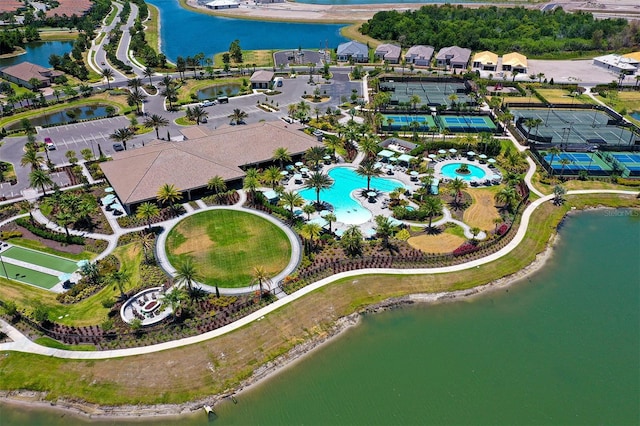 5431 Taliaferro Ct, Palmetto, FL 34221 - aerial overview of property's location with a large body of water and a pool area