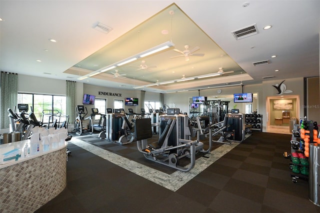 workout area featuring ceiling fan and a raised ceiling