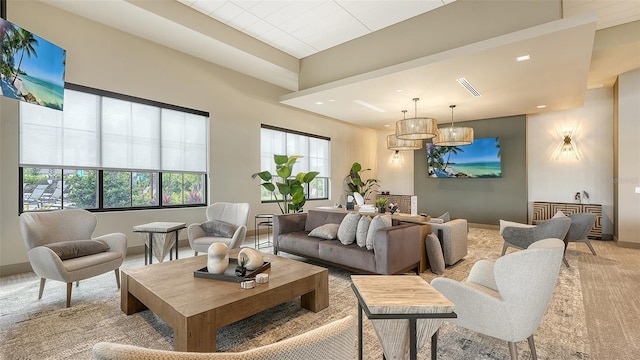 5431 Taliaferro Ct, Palmetto, FL 34221 - living area featuring a chandelier, baseboards, light colored carpet, and recessed lighting