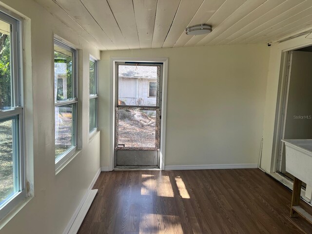 spare room featuring dark wood-type flooring, wood ceiling, and baseboards