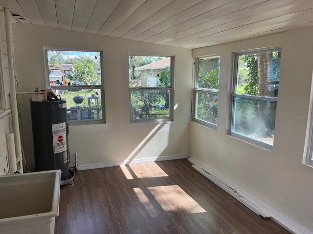 interior space with wooden ceiling, baseboards, dark wood finished floors, and electric water heater