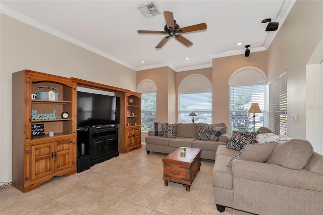 living room featuring visible vents, ornamental molding, light tile patterned floors, recessed lighting, and a ceiling fan