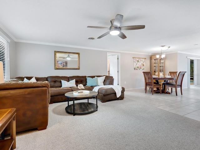 living room featuring ceiling fan with notable chandelier, light colored carpet, crown molding, and plenty of natural light