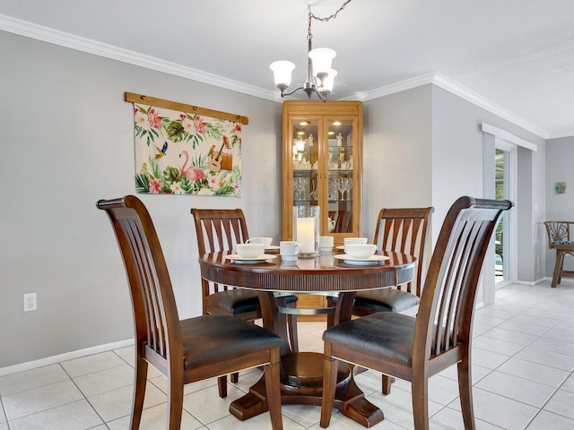 tiled dining space with a chandelier and crown molding