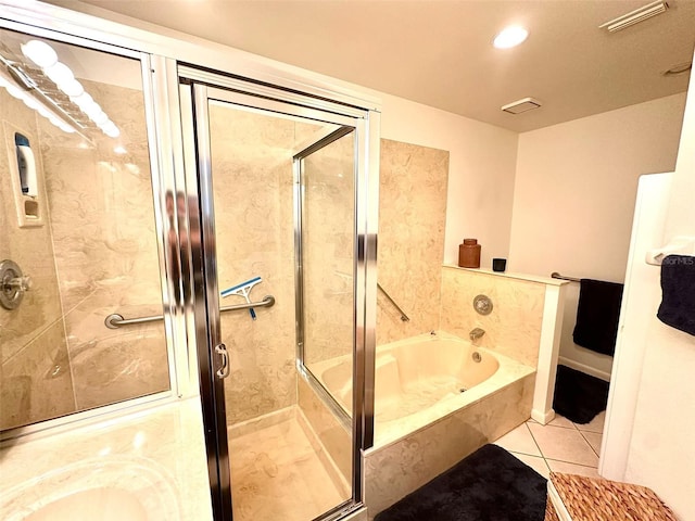 full bath with a garden tub, a shower stall, visible vents, and tile patterned floors