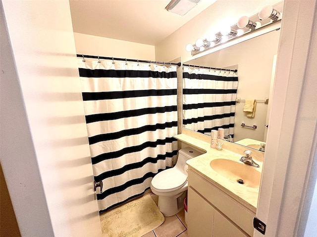 full bath featuring visible vents, vanity, toilet, and tile patterned floors