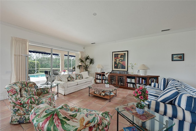 tiled living room with crown molding