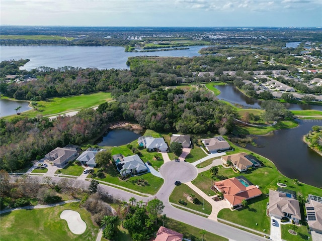 bird's eye view with a water view