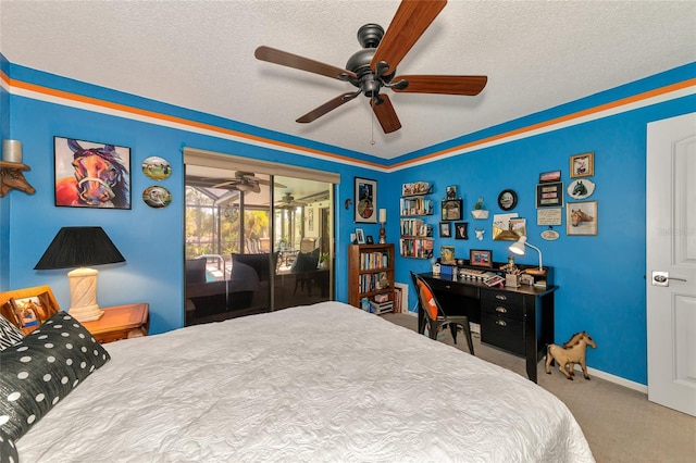 bedroom with carpet, a textured ceiling, access to outside, and ceiling fan