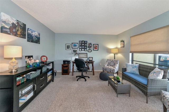 office with carpet flooring and a textured ceiling