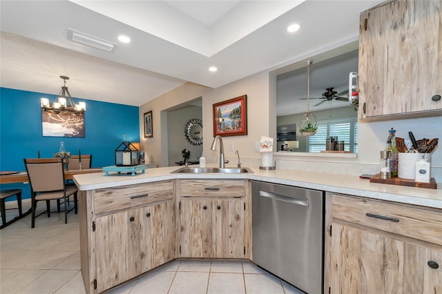 kitchen with dishwasher, sink, hanging light fixtures, kitchen peninsula, and light brown cabinetry