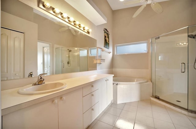 bathroom with vanity, tile patterned floors, separate shower and tub, and ceiling fan