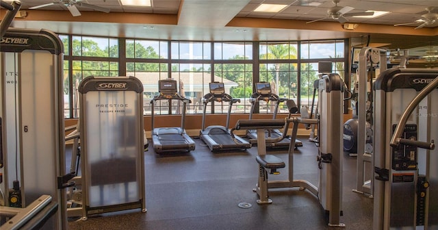 gym with a healthy amount of sunlight and ceiling fan