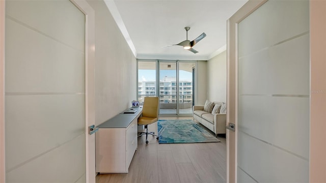 home office featuring expansive windows, built in desk, ceiling fan, and light hardwood / wood-style flooring