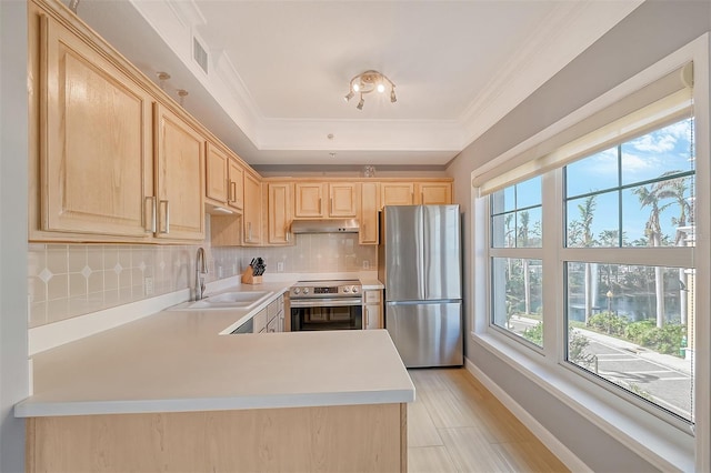 kitchen with kitchen peninsula, sink, tasteful backsplash, light brown cabinets, and appliances with stainless steel finishes