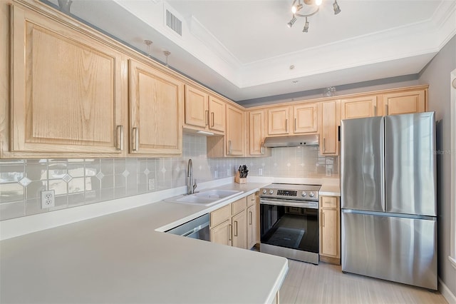 kitchen featuring stainless steel appliances, sink, backsplash, and light brown cabinets