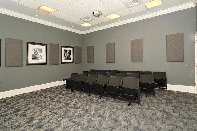 home theater room featuring ornamental molding