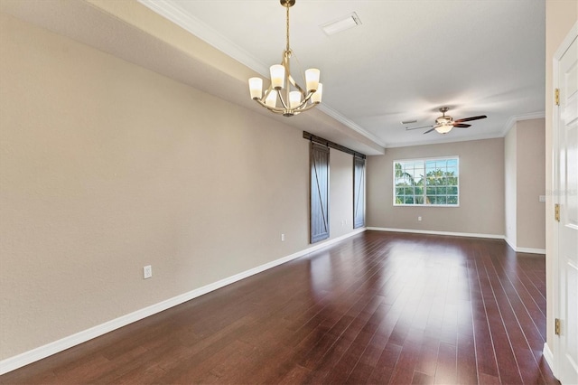 empty room with ceiling fan with notable chandelier, dark hardwood / wood-style floors, and ornamental molding