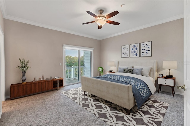 carpeted bedroom with access to exterior, ceiling fan, and ornamental molding