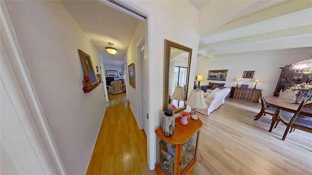 hallway featuring light hardwood / wood-style floors and vaulted ceiling