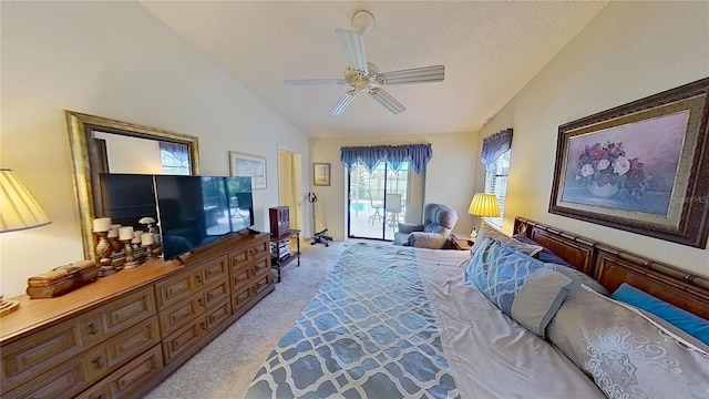 bedroom featuring ceiling fan, lofted ceiling, and light carpet