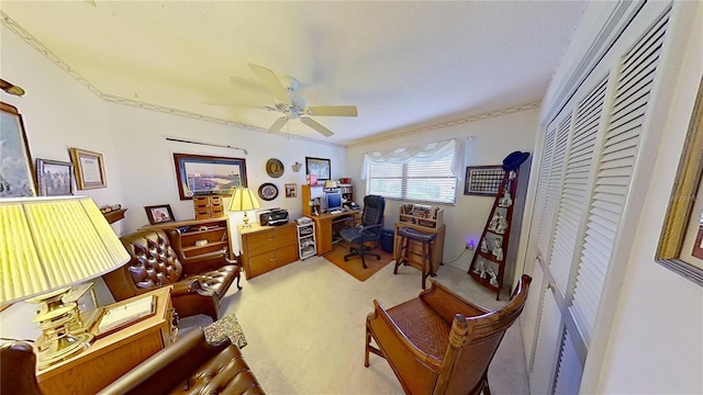 carpeted home office with ceiling fan and ornamental molding