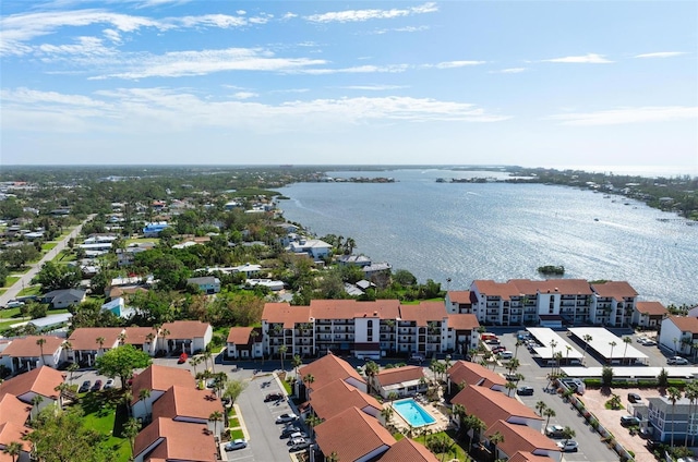 drone / aerial view with a water view