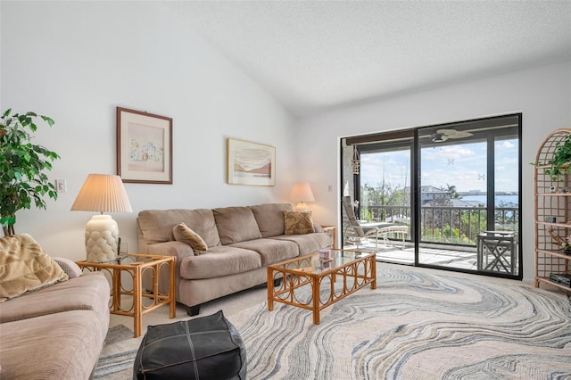 carpeted living room with vaulted ceiling, a textured ceiling, and a water view