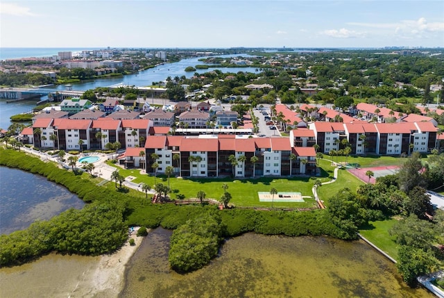 drone / aerial view with a water view