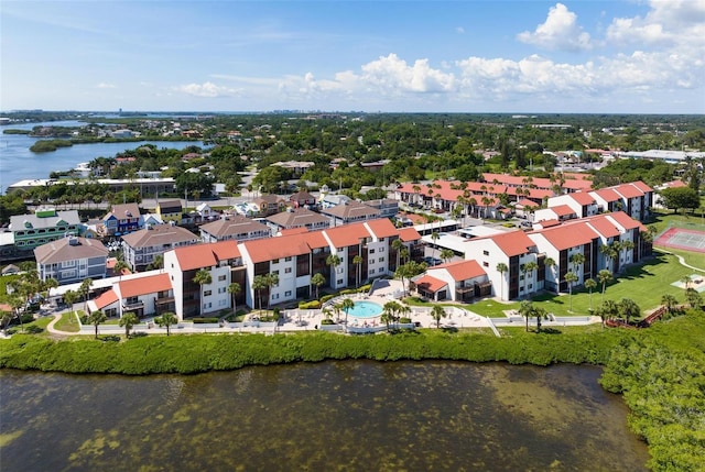 aerial view featuring a water view