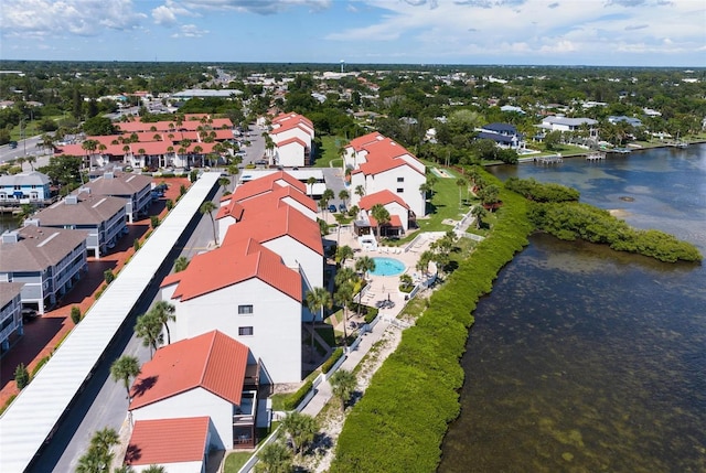 drone / aerial view with a water view