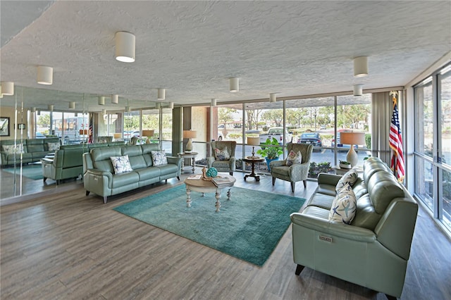 living room featuring plenty of natural light, expansive windows, and hardwood / wood-style flooring