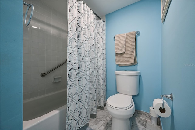 bathroom with toilet and shower / bathtub combination with curtain