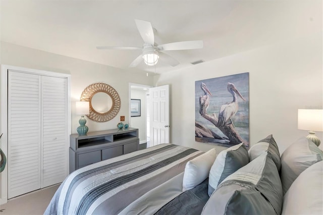 bedroom featuring ceiling fan and a closet