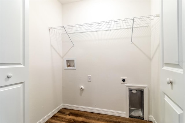 washroom with hookup for an electric dryer, gas dryer hookup, washer hookup, and dark wood-type flooring