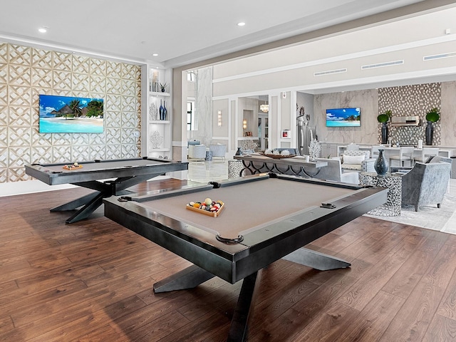 game room with hardwood / wood-style flooring and pool table