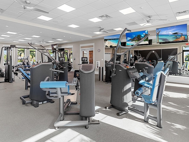 gym featuring carpet flooring, ceiling fan, and a drop ceiling