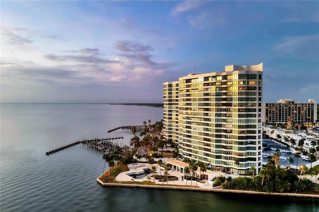 outdoor building at dusk with a water view