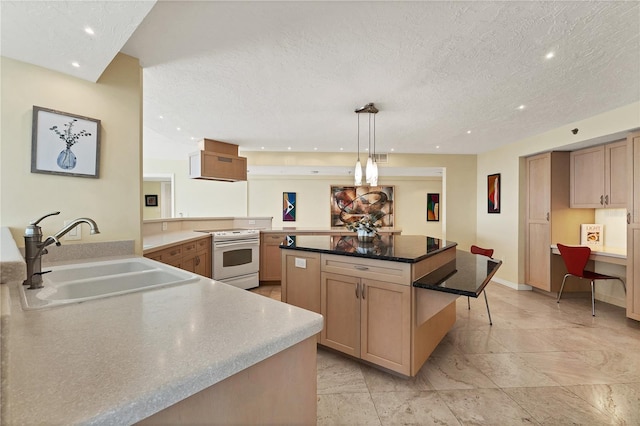 kitchen featuring kitchen peninsula, white electric range oven, a textured ceiling, sink, and pendant lighting