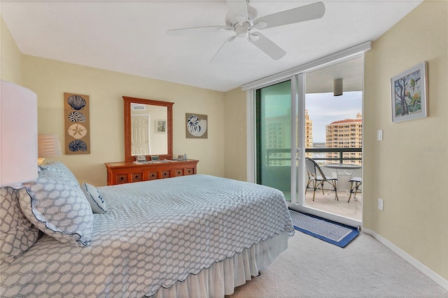 bedroom with access to exterior, carpet floors, and ceiling fan