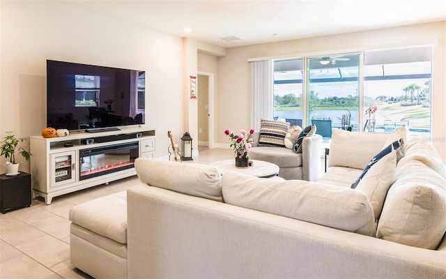 living room featuring light tile patterned flooring