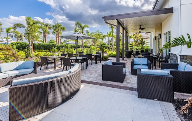 view of patio / terrace featuring ceiling fan and an outdoor hangout area