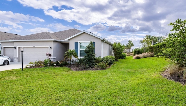 view of side of home with a garage and a lawn