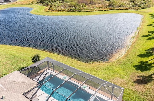 drone / aerial view with a water view