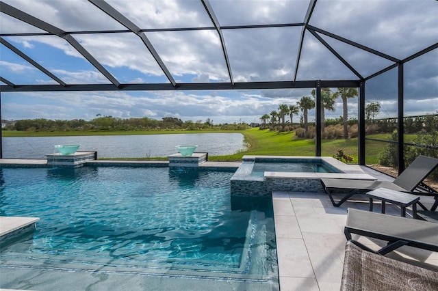 pool with a patio, an in ground hot tub, glass enclosure, and a water view
