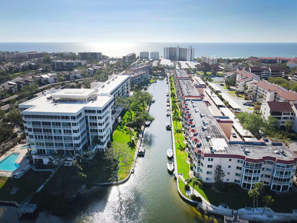 aerial view featuring a water view