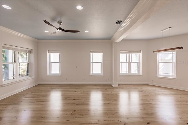 spare room featuring ceiling fan, a healthy amount of sunlight, and light wood-type flooring