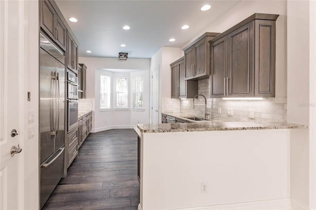 kitchen featuring light stone counters, sink, dark wood-type flooring, and appliances with stainless steel finishes